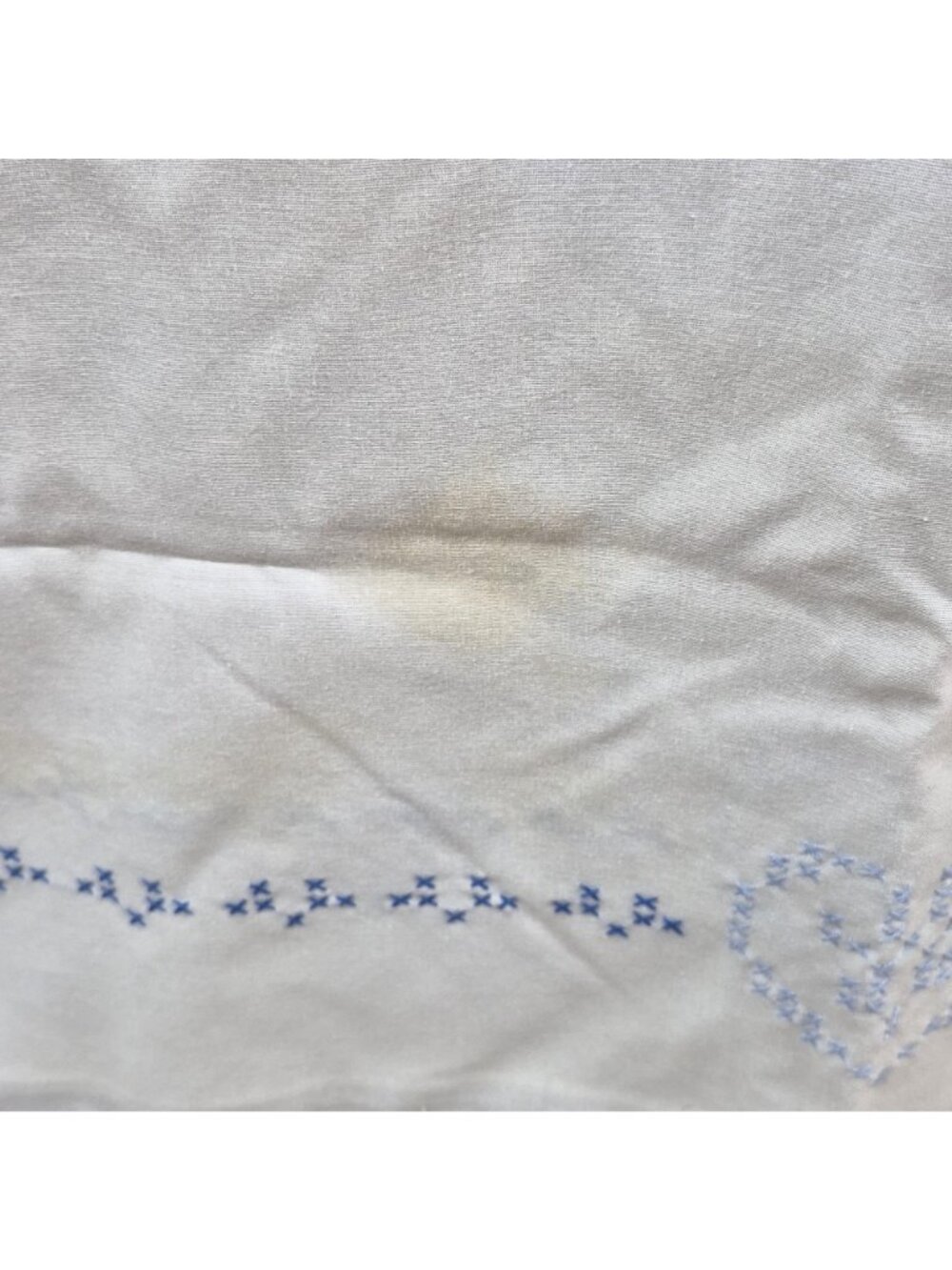 Vintage Hand Embroidered White Tablecloth Blue Cross-Stitch Heart Floral Cotton - Picture 7 of 14